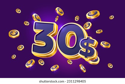 30 dollar coupon gift voucher, cash back banner special offer, casino winner. Vector illustration