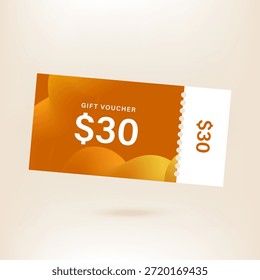 30 dólares de Cupón vale de regalo, Anuncio de devolución de efectivo oferta especial. Ilustración vectorial. Gran venta y super venta código de Cupón $30 descuento vale de regalo