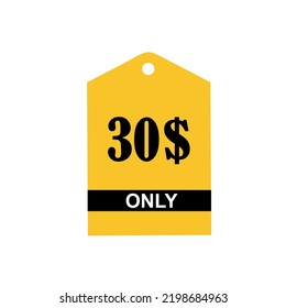 Señal de cupón o vale de etiqueta o descuento de cupón de solo 30$ Etiqueta de ahorro de dinero, sello Vector Ilustración con fuente fantástica sobre fondo amarillo y fondo blanco