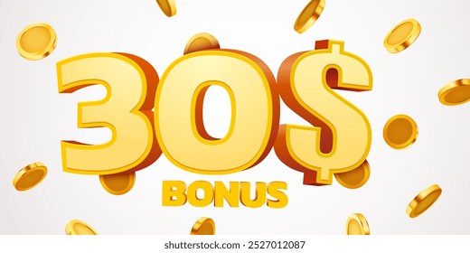 30 dollars bonus with podium and falling golden coins. Cashback or prize concept. Vector illustration
