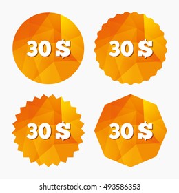 30 Dollars sign icon. USD currency symbol. Money label. Triangular low poly buttons with flat icon. Vector