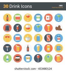 30 Drink, food icon design with various item such as milk, juice, soda, coffee, wine, and others, that can be use in article, magazine, or for graphic element.