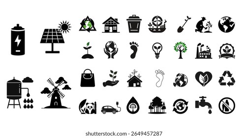 30 Eco And Sustainability Icons – Green Energy, Recycling, Organic Life Concepts – Silhouette on white background