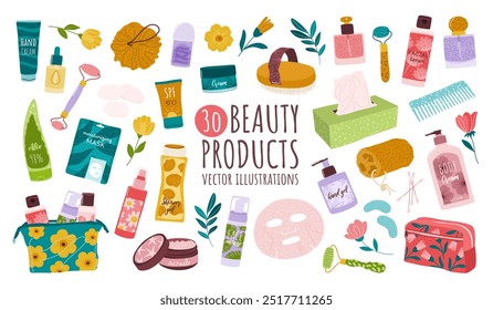 30 umweltfreundliche Beauty-Produkte in Flaschen, Tuben, Gläsern und Dispensern: Körperpflege-, Haar- und Gesichtspflegeprodukte, Hautpflege, Creme, Parfum, Gesichtsmasken, Kosmetiktüten. Isolierte, flache Vektorgrafiken.