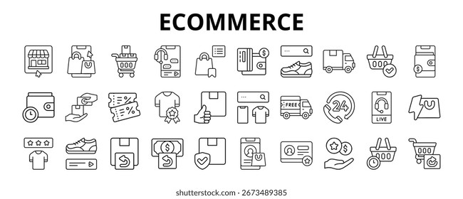 30 Ecommerce Line Icons Vetor - Lista de Compras, Entrega, Dinheiro na Entrega, Categoria do Produto, Conta de Compras, Revisão do Produto
