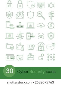 30 Editable Cyber Security Line Icons - Data Protection, Firewalls, Cybersecurity, Password Safety