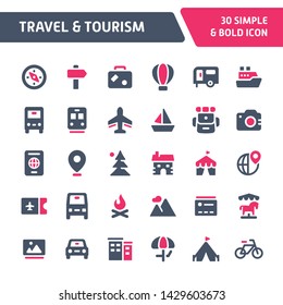 30 Editable vector icons related to travel and tourism. Symbols such as accommodation, transportation and tourism sites are included in this set. Still looks perfect in small size.