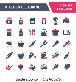 30 iconos vectoriales editables relacionados con la cocina y la cocina. Este conjunto incluye símbolos como utensilios de cocina, comida y cocina. Todavía parece perfecto en tamaño pequeño.