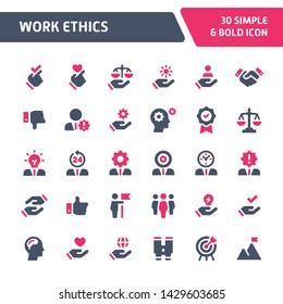 30 Iconos vectoriales editables relacionados con la ética laboral y laboral. Se incluyen símbolos como trabajo en equipo, moralidad, competencia, liderazgo y empatía. Todavía parece perfecto en tamaño pequeño.