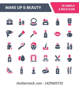 30 Editable vector icons related to make up and beauty. Symbols such as cosmetic, skin care and body treatment tool are included in this set. Still looks perfect in small size.