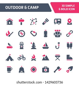 30 Editable vector icons related to outdoor activity and camp. Symbols such as outdoor equipment and activity are included in this set. Still looks perfect in small size.

