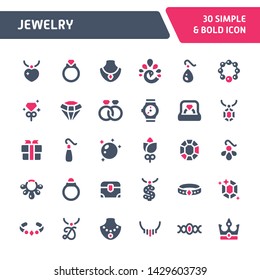 30 Editable vector icons related to jewellery. Symbols such as diamond, wearable accessories, earrings and necklace are included in this set. Still looks perfect in small size.