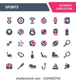 30 Editable vector icons related to sports. Symbols such as sport equipments are included in this set. Still looks perfect in small size.