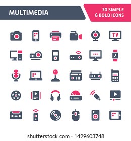 30 Editable vector icons related to multimedia. Symbols such as audio-video, telecommunication and entertainment device are included in this set. Still looks perfect in small size.