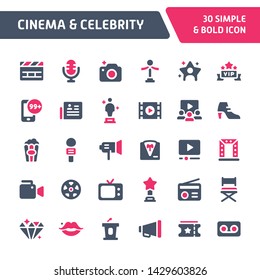 30 Editable vector icons related to cinema and celebrity. Symbols such as awards, superstars and movie equipments are included in this set. Still looks perfect in small size.