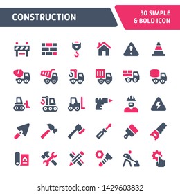 30 Editable vector icons related to construction. Symbols such as crane, working tools, transportation & construction equipments are included. Still looks perfect in small size.