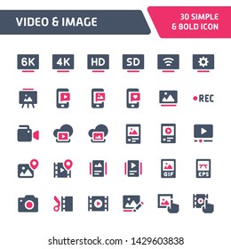 30 Editable vector icons related to audio-video device & pictures. Symbols such as audio-vide, image hardware and software are included. Still looks perfect in small size.