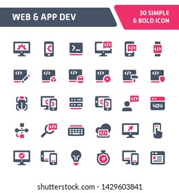 30 Editable vector icons related to web & app development. Symbols such as code editor, IDE, and other programming related items are included. Still looks perfect in small size.