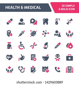 30 Editable vector icons related to health and medical. Symbols such as drugs, microorganisms and laboratory equipments are included in this set. Still looks perfect in small size.