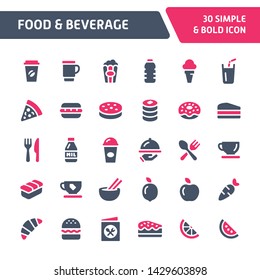 30 Editable vector icons related to foods and beverages. Symbols such as vegetables and snacks are included in this set. Still looks perfect in small size.