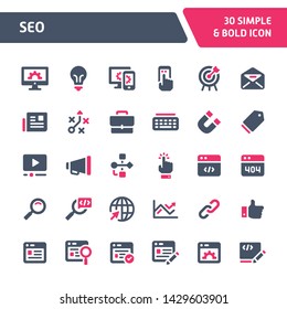 30 Editable vector icons related to search engine optimization ( SEO ). Symbols such as dashboard, statistic, analysis and strategy are included. Still looks perfect in small size.