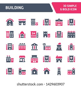 30 Editable vector icons related to buildings and architecture. Symbols such as residential, commercial, public and private buildings are included. Still looks perfect in small size.