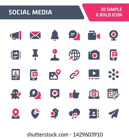 30 Editable vector icons related to social media and networking. Symbols such as interaction & collaboration in virtual networks are included. Still looks perfect in small size.