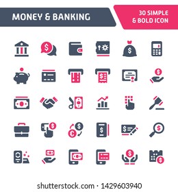 30 Editable vector icons related to money and banking. Symbols such as money, banking and financial are included in this set. Still looks perfect in small size.