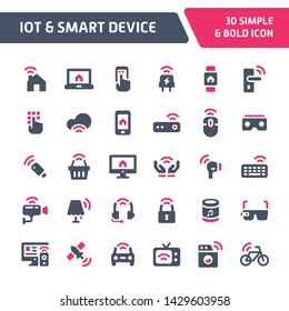 30 Editable vector icons related to internet of things (IoT). Symbols such as gadget that connect & interact with other smart devices are included. Still looks perfect in small size.