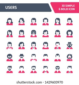 30 Editable vector icons related to users, profile picture & profession. Symbols such as users with different types of clothes & hair are included. Still looks perfect in small size.