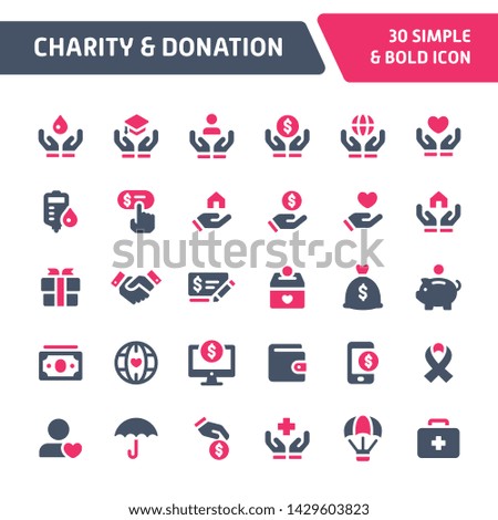 30 Editable vector icons related to charity & donation. Symbols such as donating and other aid related objects are included in this set. Still looks perfect in small size.