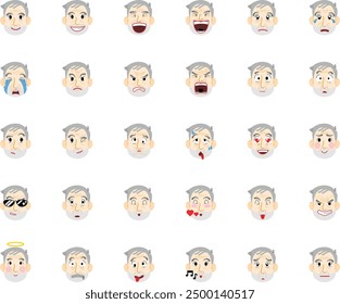 30 emojis of an old cute Caucasian man with grey hairs and facial hairs