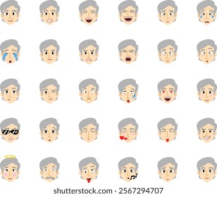 30 emojis of an old cute Caucasian man with grey hairs and facial hairs