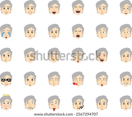 30 emojis of an old cute Caucasian man with grey hairs and facial hairs