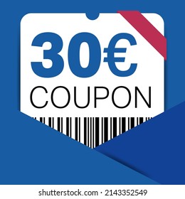 30 Euro Coupon promotion sale for a website, internet ads, social media gift 30 off discount voucher. Big sale and super sale coupon discount. Price Tag Mega Coupon discount with vector illustration.