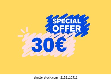 30 Euro OFF Sale Discount banner shape template. Super Sale Euro 30 Special offer badge end of the season sale coupon bubble icon. Modern concept design. Discount offer price tag vector illustration.