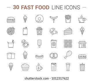 30 Fast food line icons, vector eps10 illustration