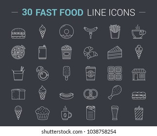 30 Fast food line icons on dark background, vector eps10 illustration