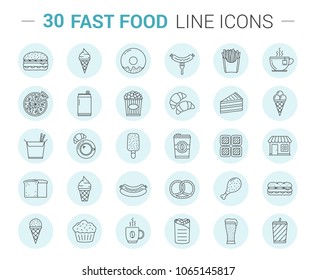 30 Fast food line icons in circles, vector eps10 illustration