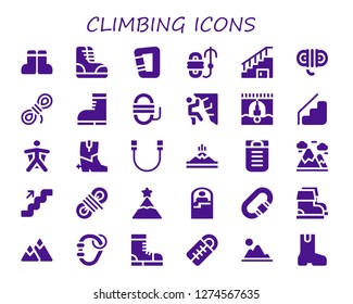 30 filled climbing icons. Simple modern icons about  - Boots, Carabiner, Rope, Stairs, Climbing, Bungee jumping, Wingsuit, Mountain, Sleeping bag, Mountains