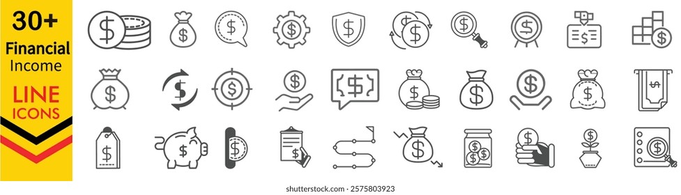 30 + Finance icon set of line  related to income, salary, money, business Containing loan, cash, saving, financial goal, profit, budget, mutual fund, earning money and revenue icons