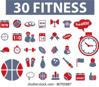 30 fitness icons, signs, vector illustrations