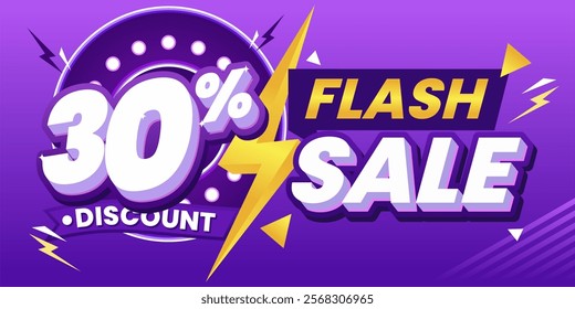 30% Flash Sale Discount Banner with Vibrant Purple Lightning Design