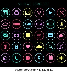 30 Flat Icons on Black Background- Web, Mobile, App - vector EPS10