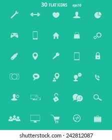 30 flat icons for web, apps development on green vector illustration, eps10, easy to edit