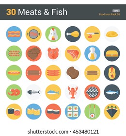 30 Flat Meats & Fish, food icon design with various item such as chicken, beacon, turkey, hamburger, sushi, and others, that can be use in article, magazine, or for graphic element.