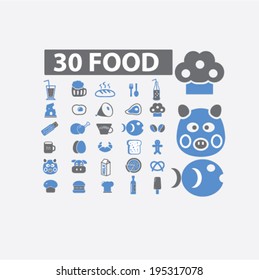 30 food, fish, meat, eggs, milk, fruits, bakery icons set, vetor