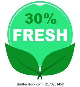 30% fresh fruits vector art illustration sign symbol in green round shape with leaves business stamp isolated on white background