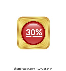 -30% and gold glossy button. red button