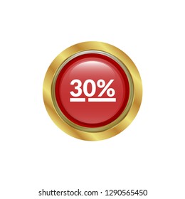 -30% and gold glossy button. red button